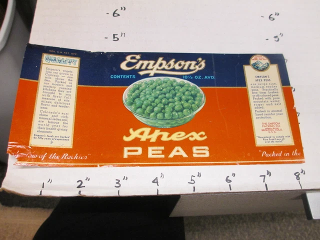 EMPSON'S apex peas 1930s metal tin can food paper label Brighton CO