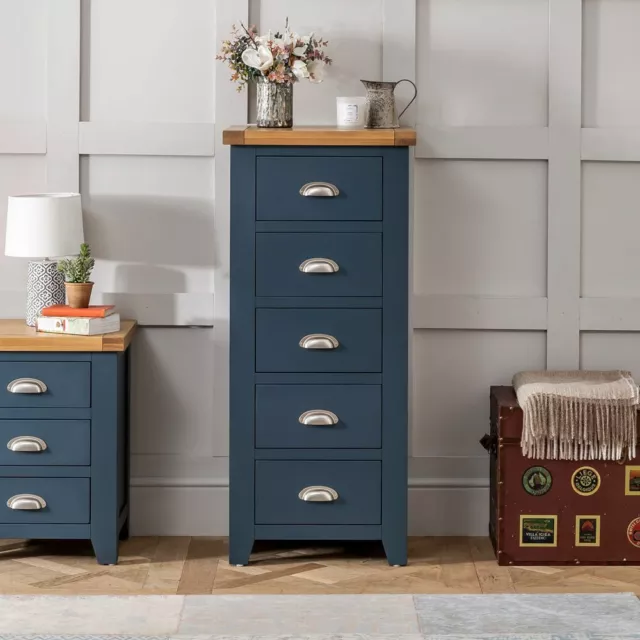 Westbury Blue Painted 5 Drawer Tallboy Chest - Tall Narrow Wellington - BP07