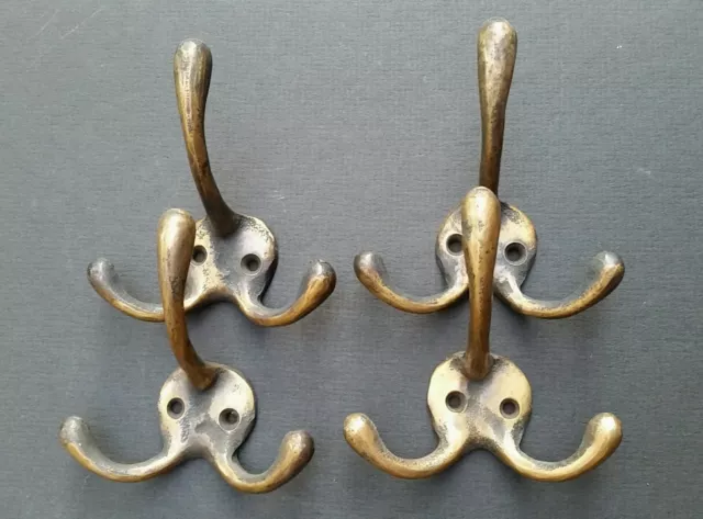 4 Strong Antique Style Solid Brass Triple Coat Hat Towel Hooks  3-1/4" x 3"  #C2