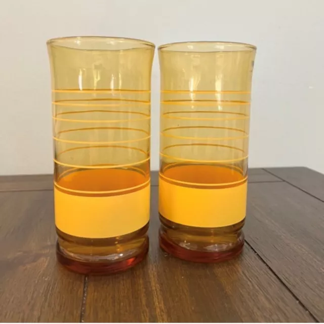 Vintage MCM Libbey Juice Glasses Tumblers Amber Stripes Set of 2