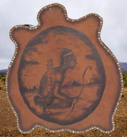 Antique Panel Wood Contreplaquer Leather Skin Painted Indian With Chasse Vintage