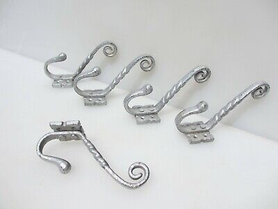 Vintage Wrought Iron Double Coat Hooks Hat Hangers Old Rustic Twisted Silver x5