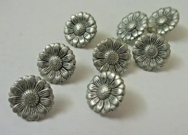 9/16"  Antiqued Silver Tone Metal Daisy Flower Shank Back  Buttons (8)