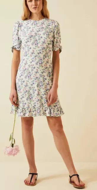 BNWT M&S X GHOST Floral Tie Sleeve Mini Tea Dress - Ivory Mix Size UK 12