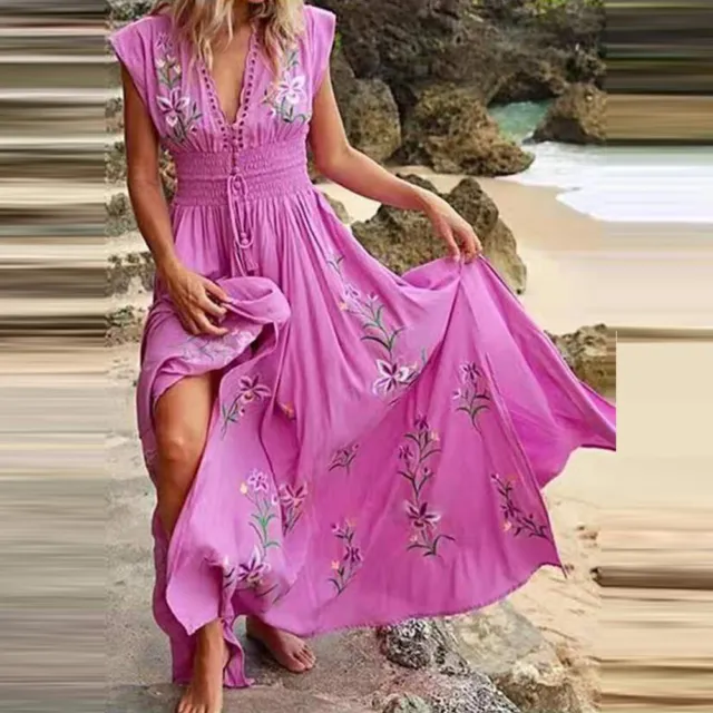 Womens Boho Floral Maxi Long Dress Ladies V Neck Summer Beach Holiday Sundress