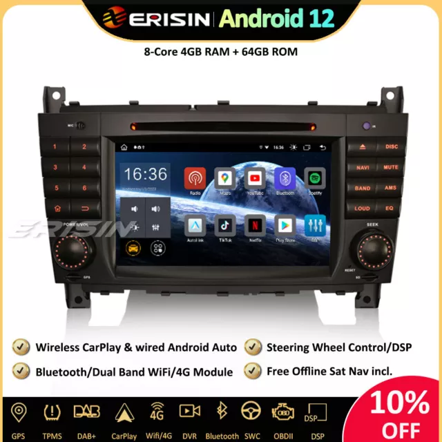 8-Core DAB+Android 12 Autoradio GPS 64GB DVD Mercedes W203 W209 Classe C/CLC/CLK