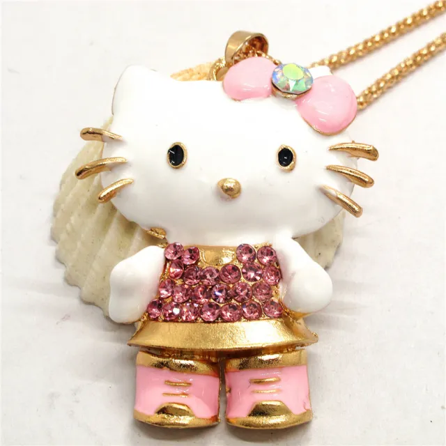 Hot Pink Enamel Cute Bow Kitty Cat Crystal Betsey Johnson Sweater Chain Necklace