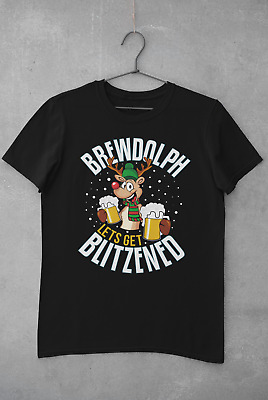 Funny Christmas T Shirt Brewdolph Lets Get Blitzened Rudolph Reindeer Drinking