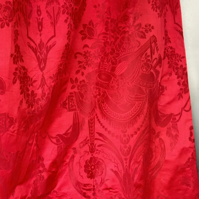 123x60 c1900 RED silk MUSICAL instruments French curtain damask weave The Texti