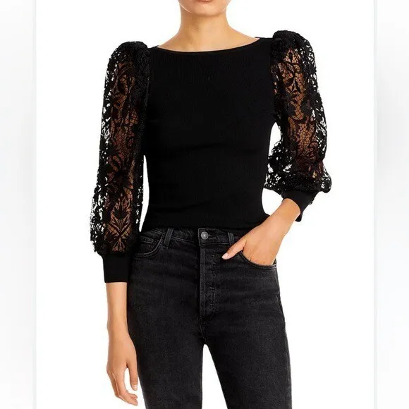 NWT $395 ALICE + OLIVIA abella lace puff sleeve top | black | size XS