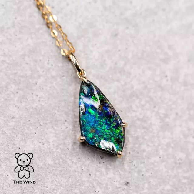 Diamond Shaped Australian Boulder Opal Pendant Necklace 18K Yellow Gold