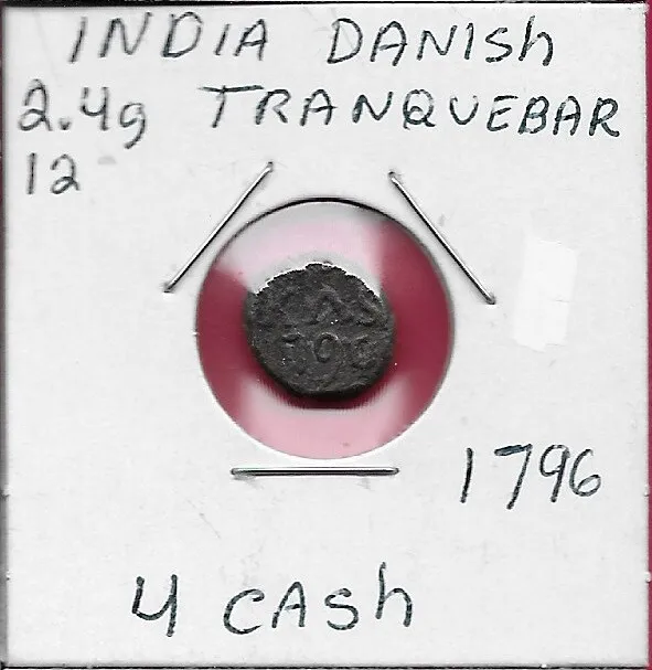 India Danish Tranquebar 4 Cash 1796 Ruler Christian Vii,Danish Royal Colony,Crow