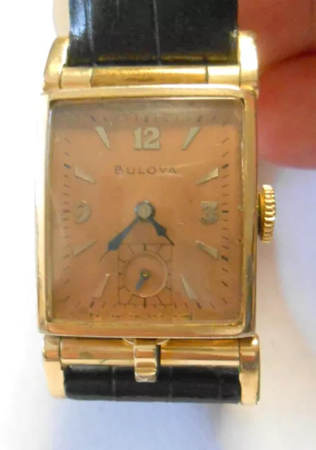 Vintage 1950 Bulova 10K Rolled Gold Plate Mens Wrist Watch Flip Open Photo Case