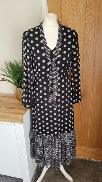 SOMERSET BY ALICE TEMPERLEY Polka-dot Midi Dress Tiered Black White -Size Uk 10