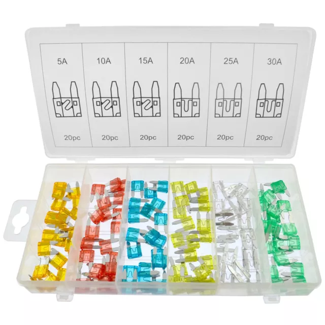 120pc Car Mini Blade Fuse Assortment Kit 5 / 10 / 15 / 20 / 25 /30 Amp Auto