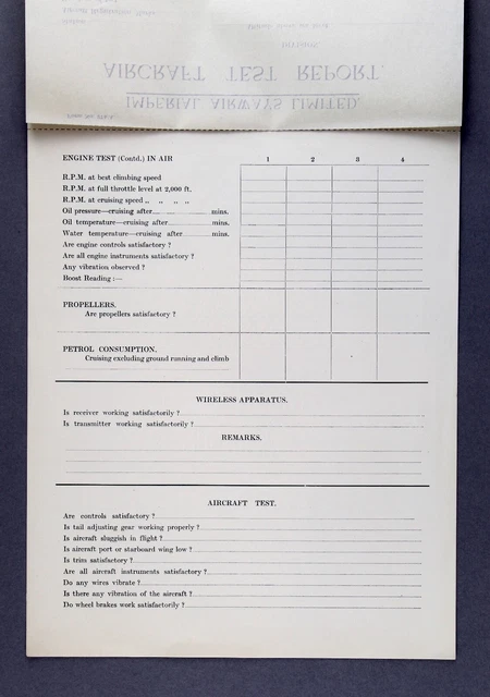 IMPERIAL AIRWAYS AIRCRAFT Test Report Airline Form Staff £99.95 ...