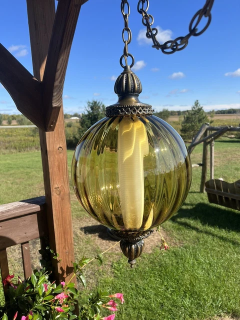 Vintage Amber Glass Globe Hanging Swag Lamp with Diffuser Large 22” Tall