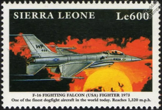 USAF F-16 FIGHTING FALCON Aircraft Mint Stamp (1999 Sierra Leone)