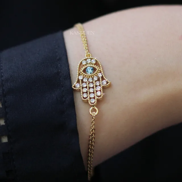 Blau Teufelsauge Hamsa Hand mit Swarovski Kristall Jüdisch Fatima Gold Armband