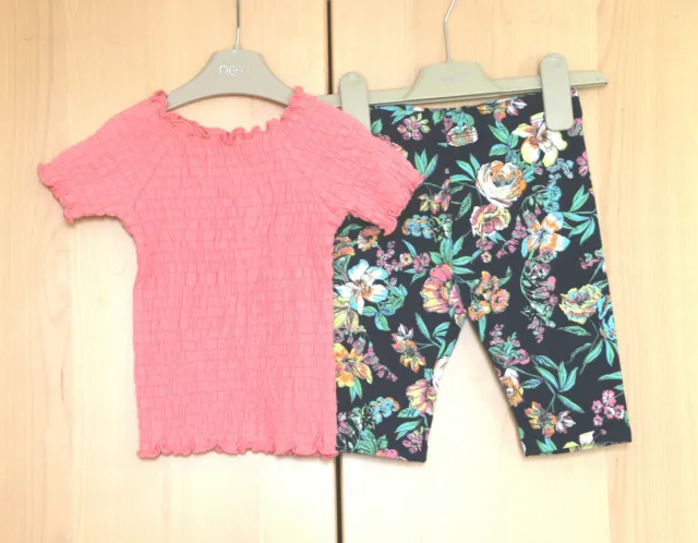 Next Girls Pink Shirred Top  & Navy Blue Floral Crop Leggings Age 3 Years BNWT