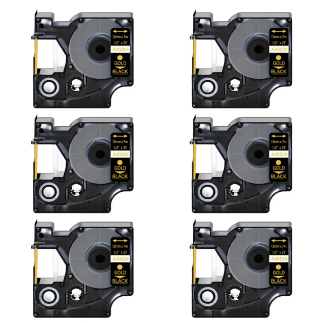 6PK Gold on Black Label Tape 1/2''×23ft For DYMO D1 45024 LabelManager 450 450D
