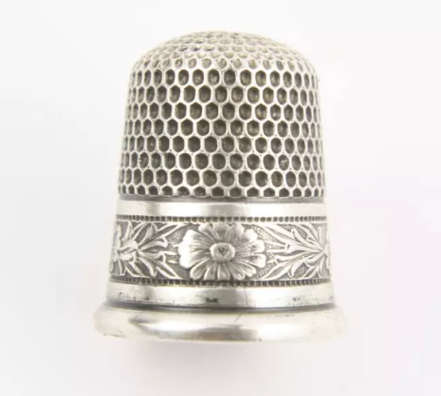 Antique Sterling Silver Floral Daisy Flower Band Simons Bros. Thimble Sz 10