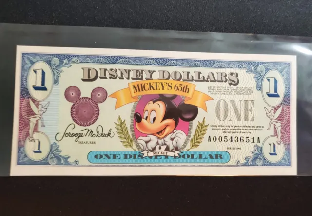 1993 One ($1) Disney Dollar AA Series Mickey's 65th - Uncirculated with envelope