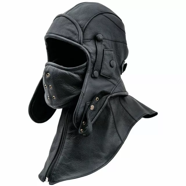 Real Leather Aviator Cap with Collar and face cover Tactical Hood Cap