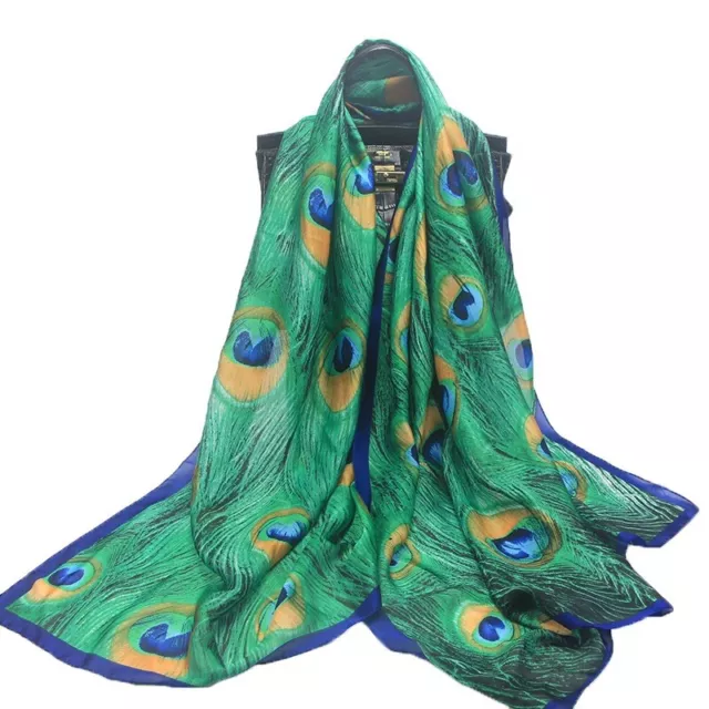 Women Lady Winter Quality Soft Elegant Peacock Print Large Silk Scarf Wrap Shawl 2