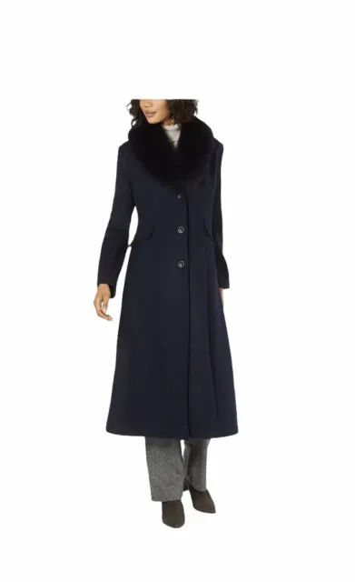 Forecaster Of Boston Platinum Fox Fur Collar Maxi Reefer Coat Navy Blue P4305