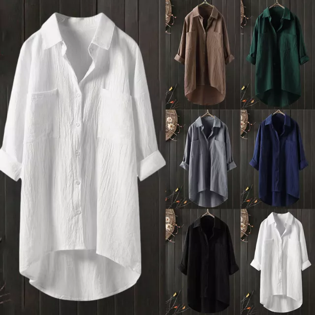 Damen Leinen Knopf Langarm Bluse Shirts Hemd Basic Baggy T-Shirt Tops Oberteile