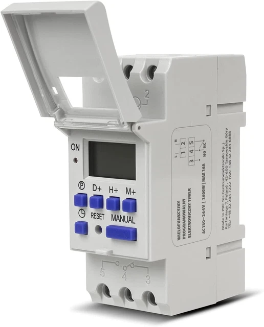 Timer Programmabile Settimanale Con Display LCD - 16 Programmi On/Off, Per Lampioni, Scaldabagno, Condizionatori