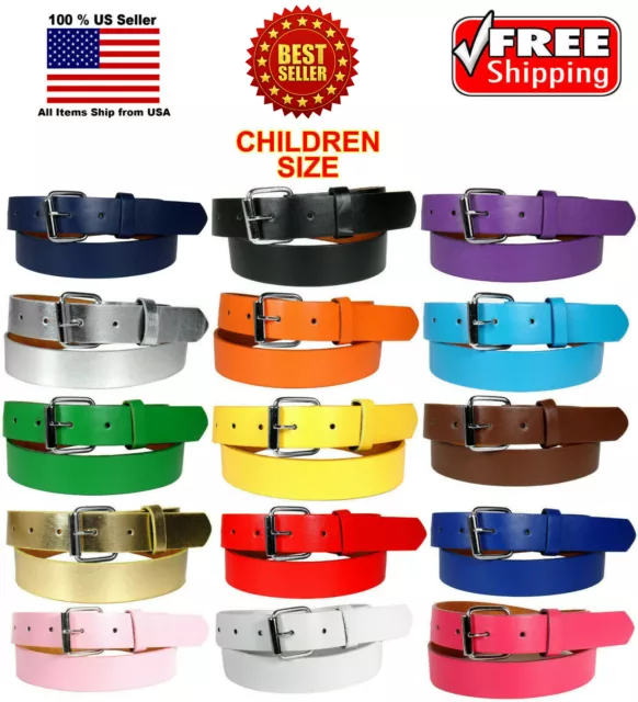 KIDS CHILDREN PLAIN SOLID COLOR LEATHER BELT Silver Buckle Boys Girls S M L XL