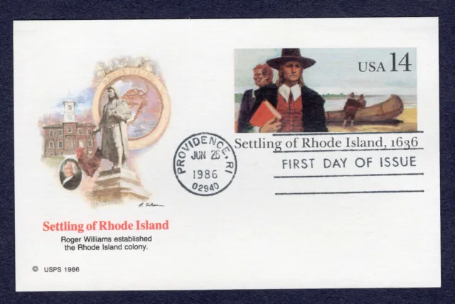 1986 Stamp #UX112 Settling of Rhode Island FDC Fleetwood