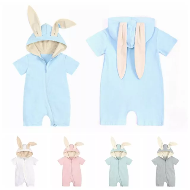 Newborn Baby Hooded Bodysuit Short Sleeve Romper Infant Boy Girl Solid Jumpsuit