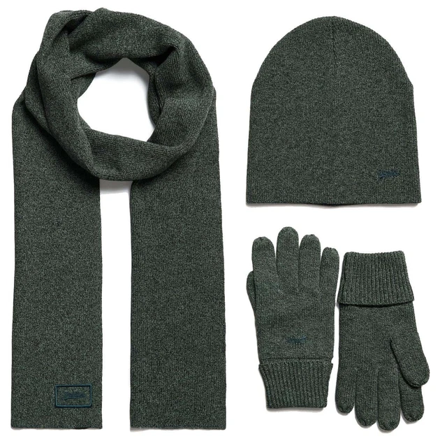 Guanti uomo Superdry vintage logo, sciarpa e berretto set scatola cappello grana cachi