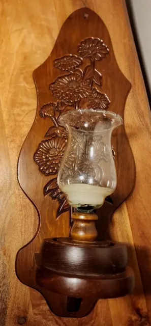 Solid Cherry Wooden Large Carved Floral Candle Sconce 20" vintage