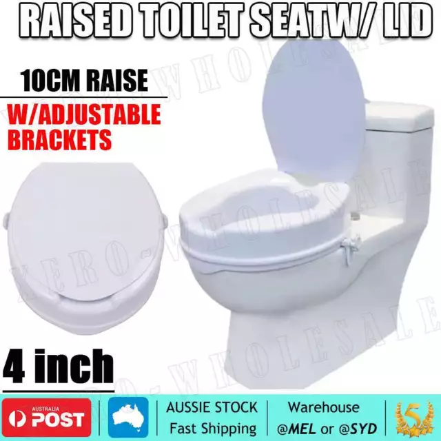 Home Raised Toilet Seat Raiser With Lid 10CM Height, Secure, Easy Clean AU SHIP