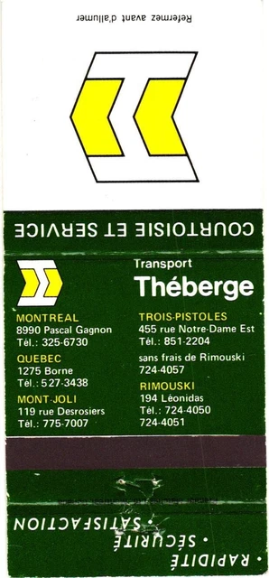 Montreal Quebec Mont Joli Canada Transport Théberge Vintage Matchbook Cover