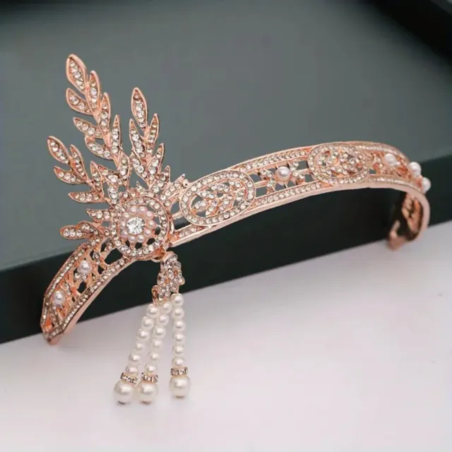 1920s Gatsby Rhinestone Leaf Faux Pearl Tassel Crown Bridal Wedding Rose Gold