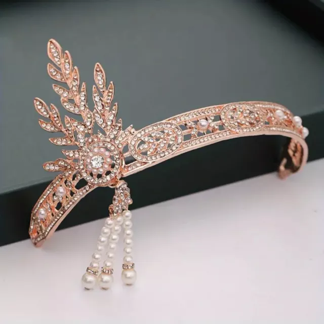 1920s Gatsby Rhinestone Leaf Faux Pearl Tassel Crown Bridal Wedding Rose Gold