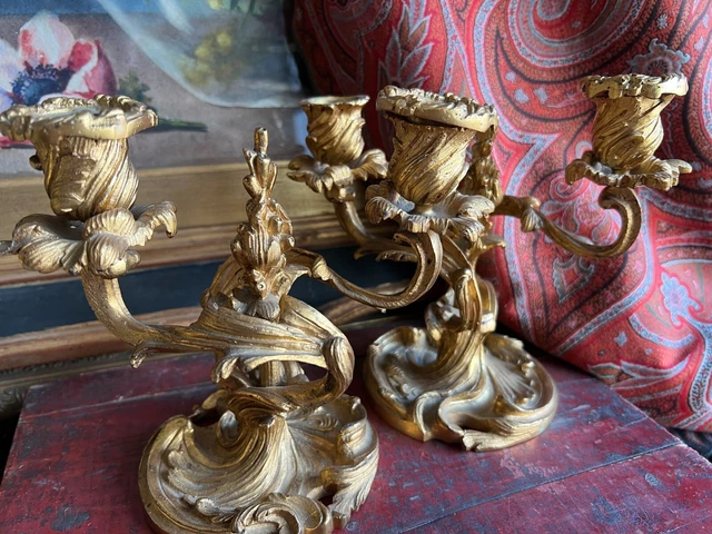 Bougeoirs Bronze Doré XIX EME Rocaille Antique Candelstick 19 eme