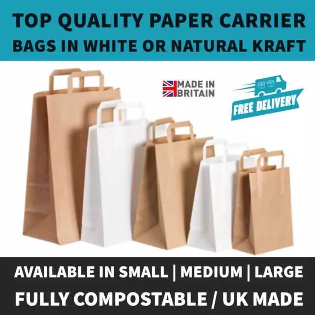 White Brown SOS Paper Bags Food Lunch Carrier Takeaway Bags With Flat Handles