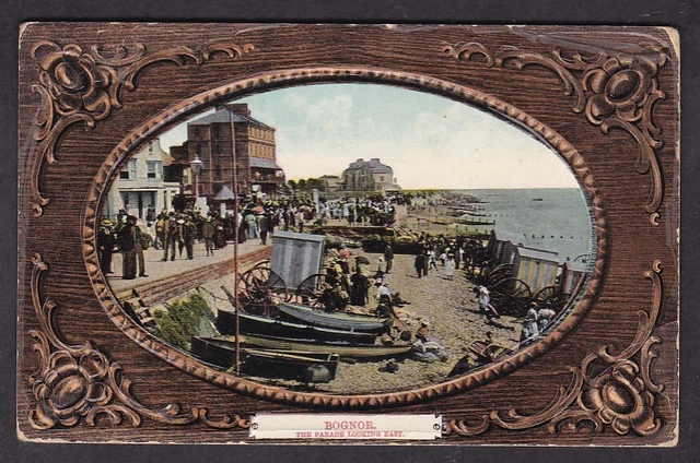 Sussex BOGNOR REGIS beach boats embossed used 1912 Milton postcard