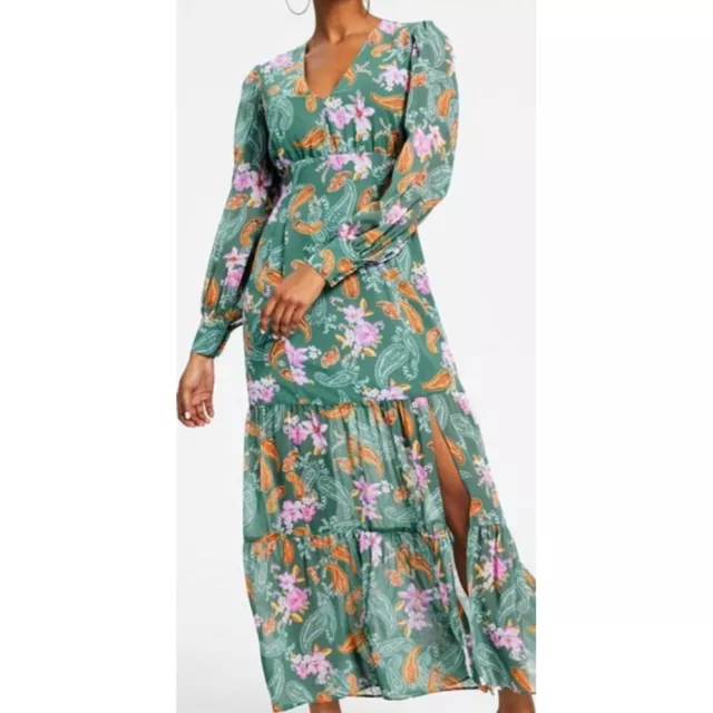 Bar III Women S Floral Chiffon Long Sleeve Maxi Dress Green Size Petite S NWT