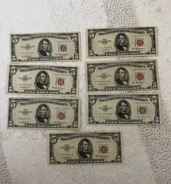 Series 1953 $5 US Dollar Red Seal, Star Note-lot