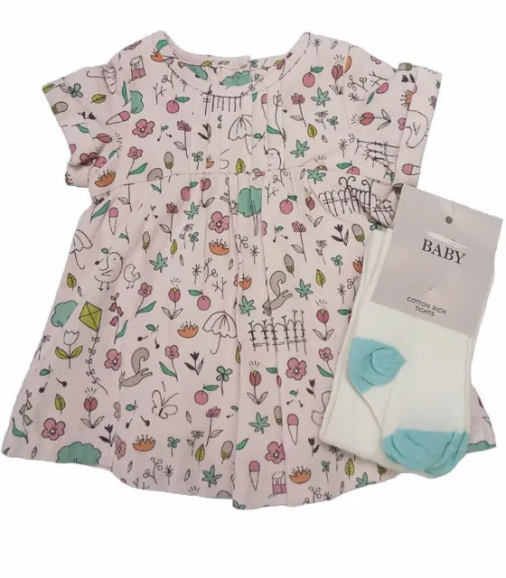 NEW BABY GIRL M&S LIGHT PINK WOODLAND PRINT PIN CORD DRESS & TIGHTS 0-3 Months