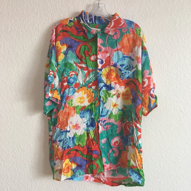 Jams World Colorful Rainbow Abstract Floral Button Up Short Sleeve Shirt Large
