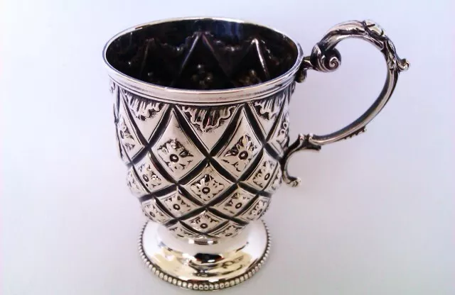 Rare & Beautifully Embossed Solid Silver Victorian Christening Cup 1862
