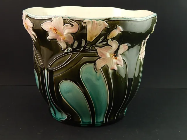 Antico Raro Art Nouveau Vaso Cache Pot Barbotine Ceramica Gustave De Bruyn Lille